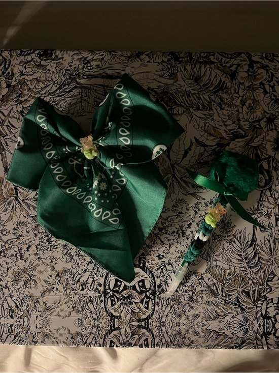 Accessories - Handmade Emerald Green Bandana Bow Hair Clip with Bead Charm Pom Pom Pen Set